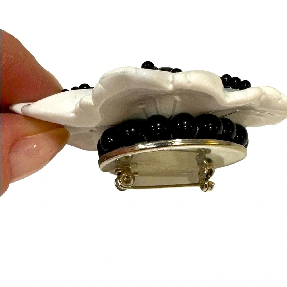 Large Vintage Black and White Resin and Bead Floral Brooch. EUC